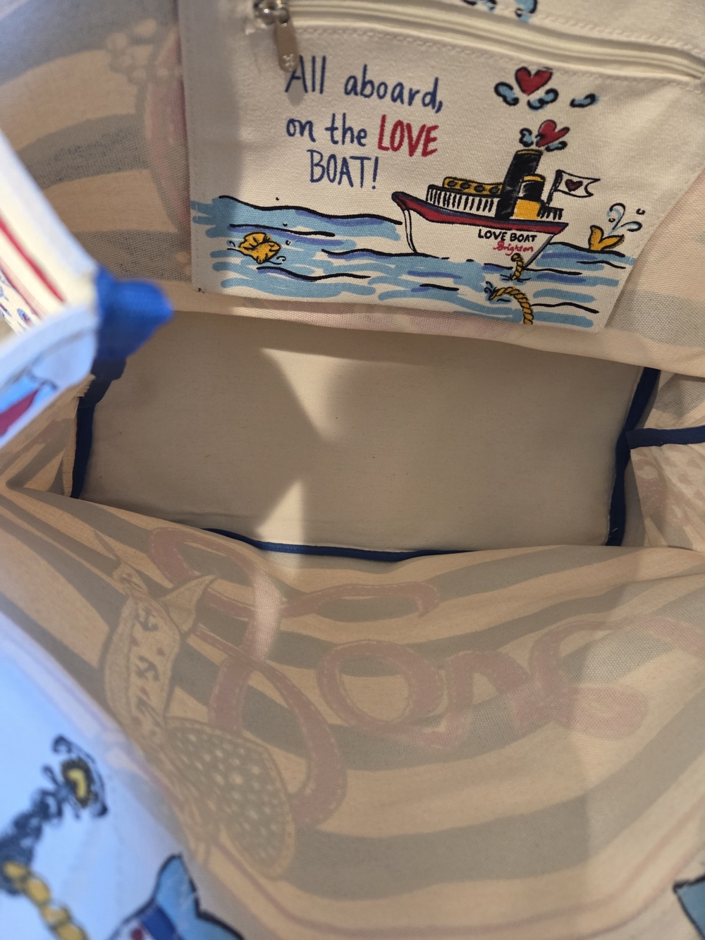 Striped New With Tags 'Love' Canvas Tote with Blue Handles - Picture 3 of 6